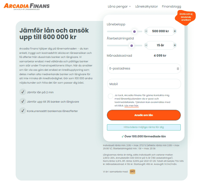 Arcadia Finansskärmdump