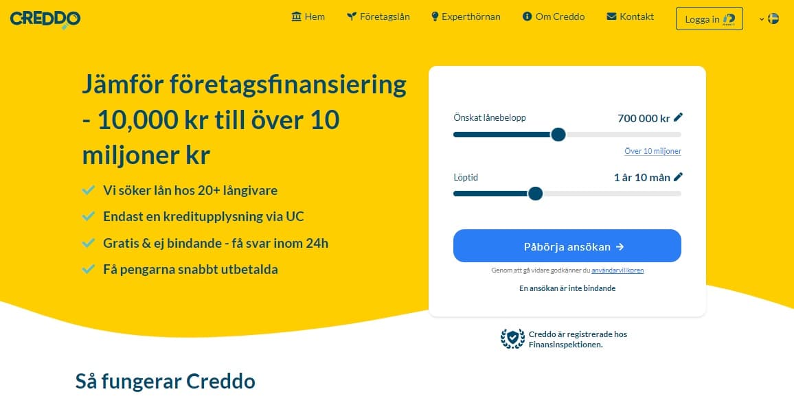Creddo företagslånskärmdump