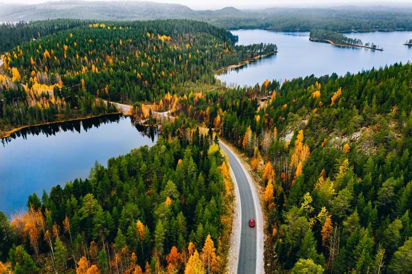 Lång väg i skogen med röd bil