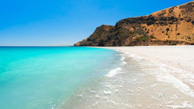 ropisk strandscen utomlands där turister kan behöva växla svenska kronor